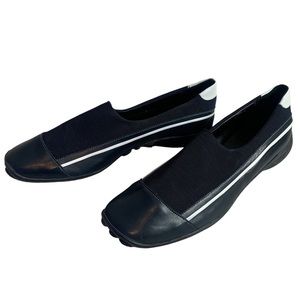 Sesto Meucci 🇮🇹 Navy Blue White Leather Fabric Slip On Loafers Ladies Sz 8.5M